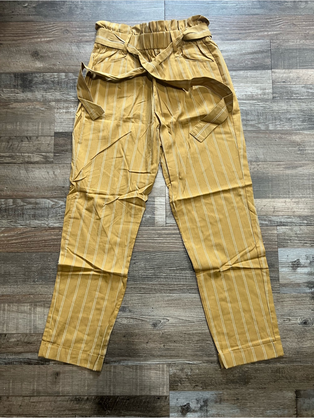 Thread & Supply Mustard Yellow Striped Paperbag Waist Cropped Pants